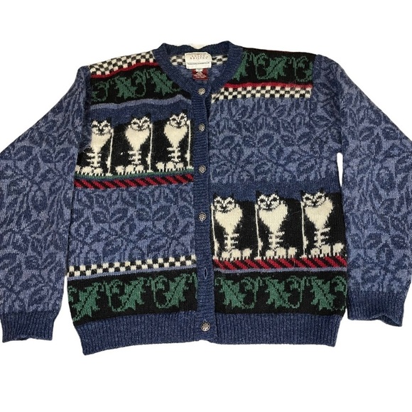 Vintage 90s Susan Bristol Pure Wool Cat Cardigan Sweater Medium - Picture 13 of 13